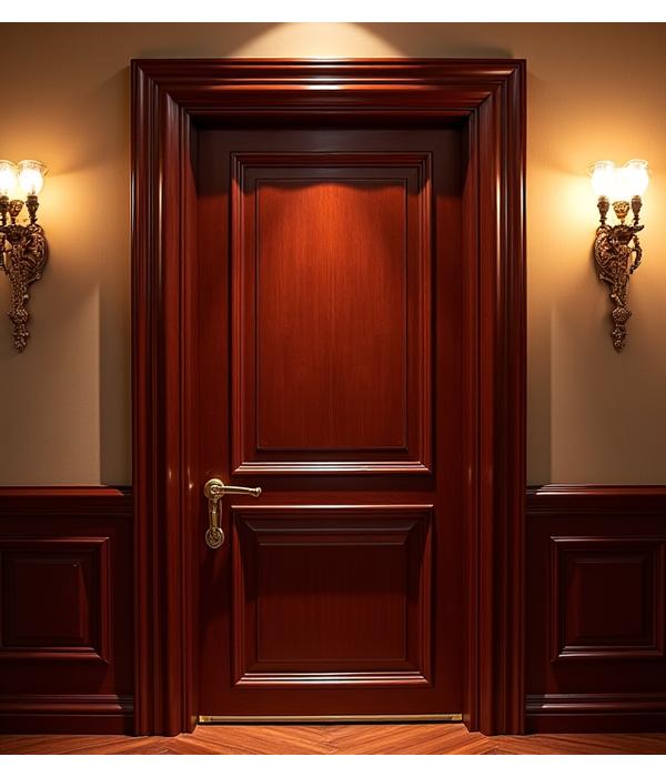Classic wooden door in a rich mahogany finish with traditional raised panels and decorative moulding, in a renovated historic apartment